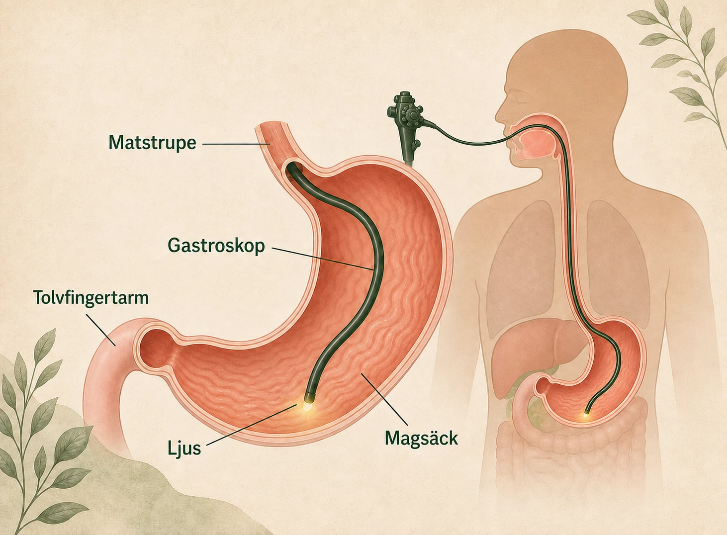 Illustration som visar hur ett gastroskop förs via munnen till magsäcken